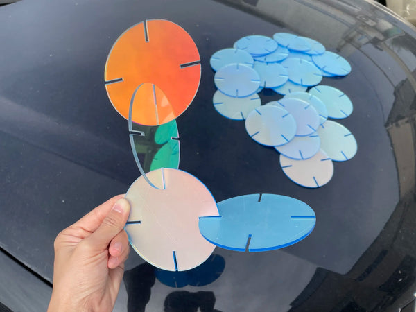 120mm diameter 2mm thick iridescent acrylic disc with detailed dimension measurements