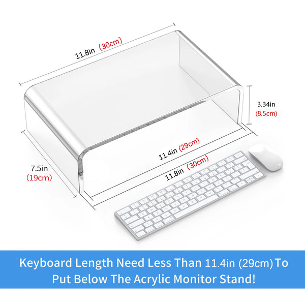 5mm thick precision-cut acrylic monitor riser with 3.9 inch clearance for keyboard and mouse storage