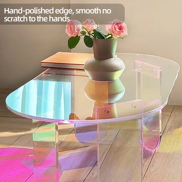 Modern acrylic accent table in home office workspace showing versatile use