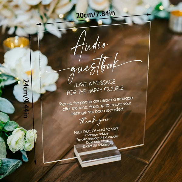 Acrylic audio guestbook sign with included clear acrylic base stand for stable tabletop display at events