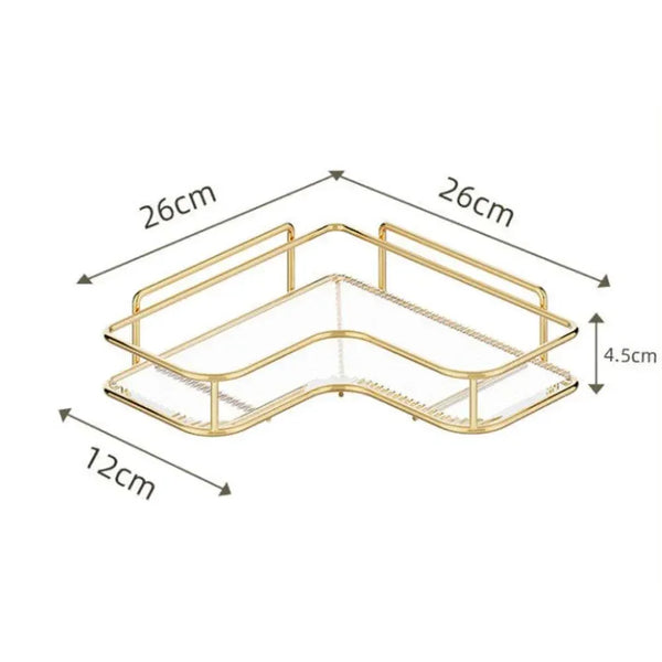 Skincare and toiletries organized on clear acrylic bathroom shelf