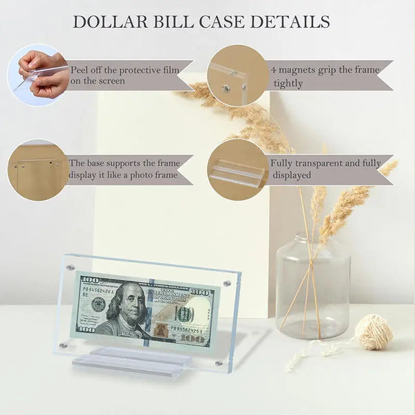 Acrylic bill holder size comparison next to standard US dollar bill showing perfect fit dimensions