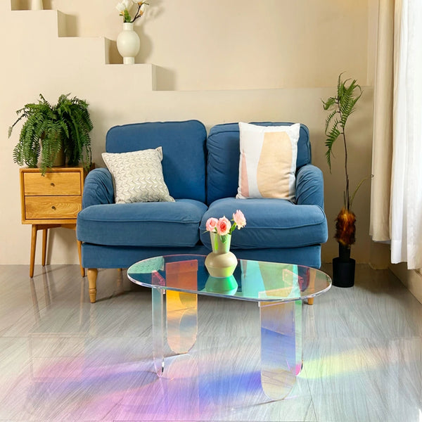 Acrylic coffee table package contents showing assembly parts and included hex wrench