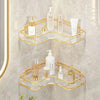 Front view of gold acrylic corner bathroom shelf, no drilling