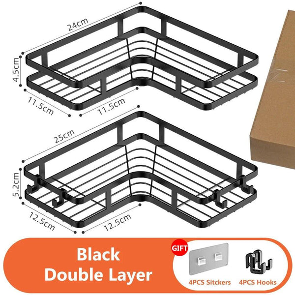 Dimensions and size chart for acrylic corner bathroom shelf (inches & mm)