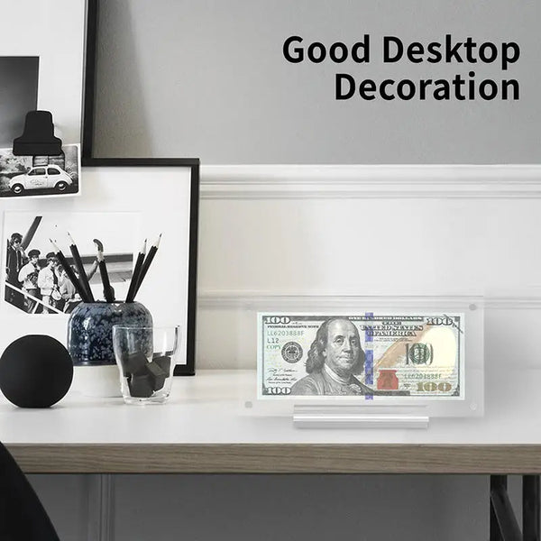 Two grid acrylic currency display holder frame for multiple banknotes on desktop