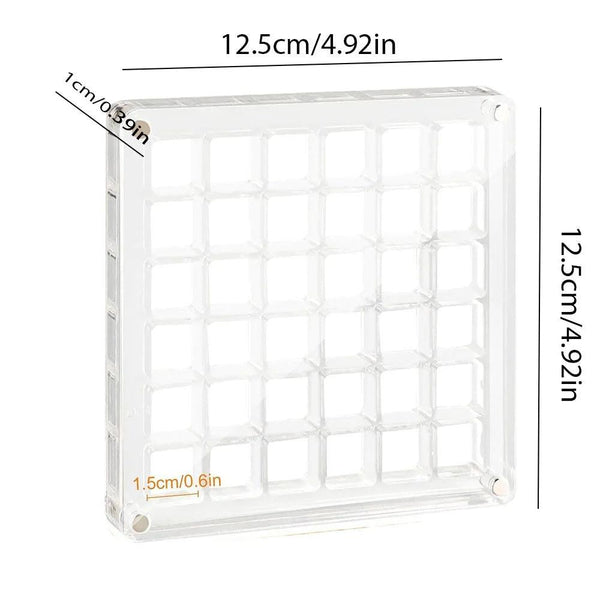 Technical size diagram of acrylic box – 12.5cm x 12.5cm with 36 square slots