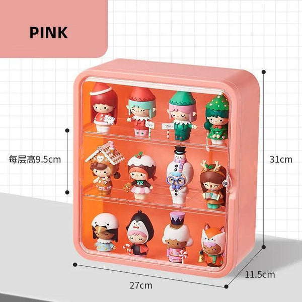 Clear acrylic case displaying Popmart figures and Dimoo dolls inside