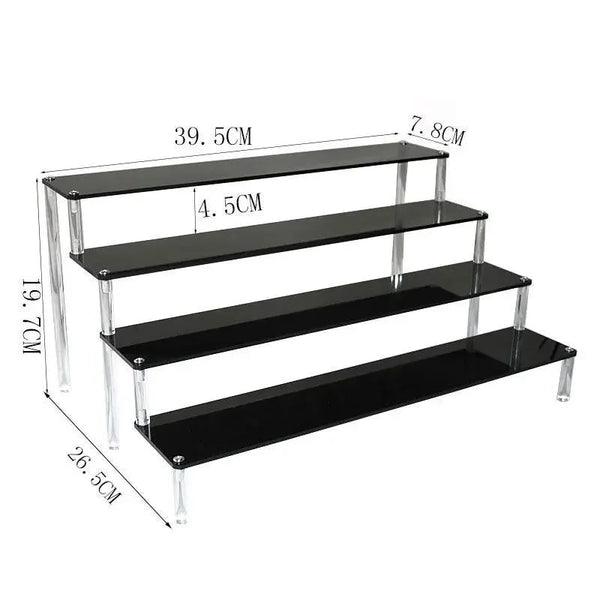 Black tiered acrylic shelf used in retail product display