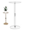 Modern clear acrylic drink table as a small round end table in living room setting