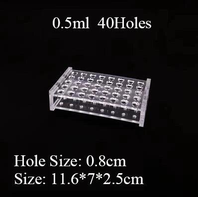 Clear acrylic lab storage plate with multiple holes for centrifuge tubes