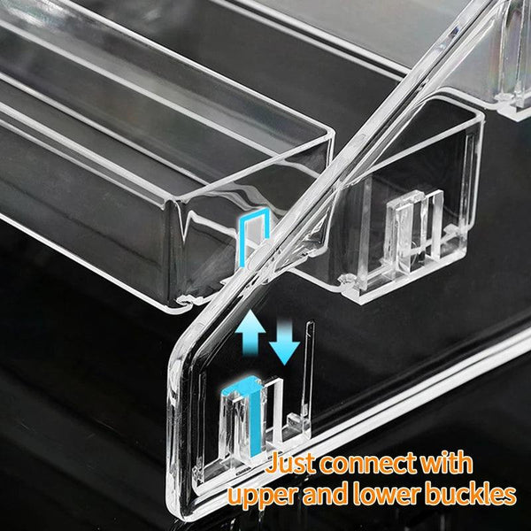 Side view showing tier spacing of acrylic makeup holder