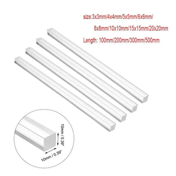 Size comparison of acrylic square rods in mm and inch