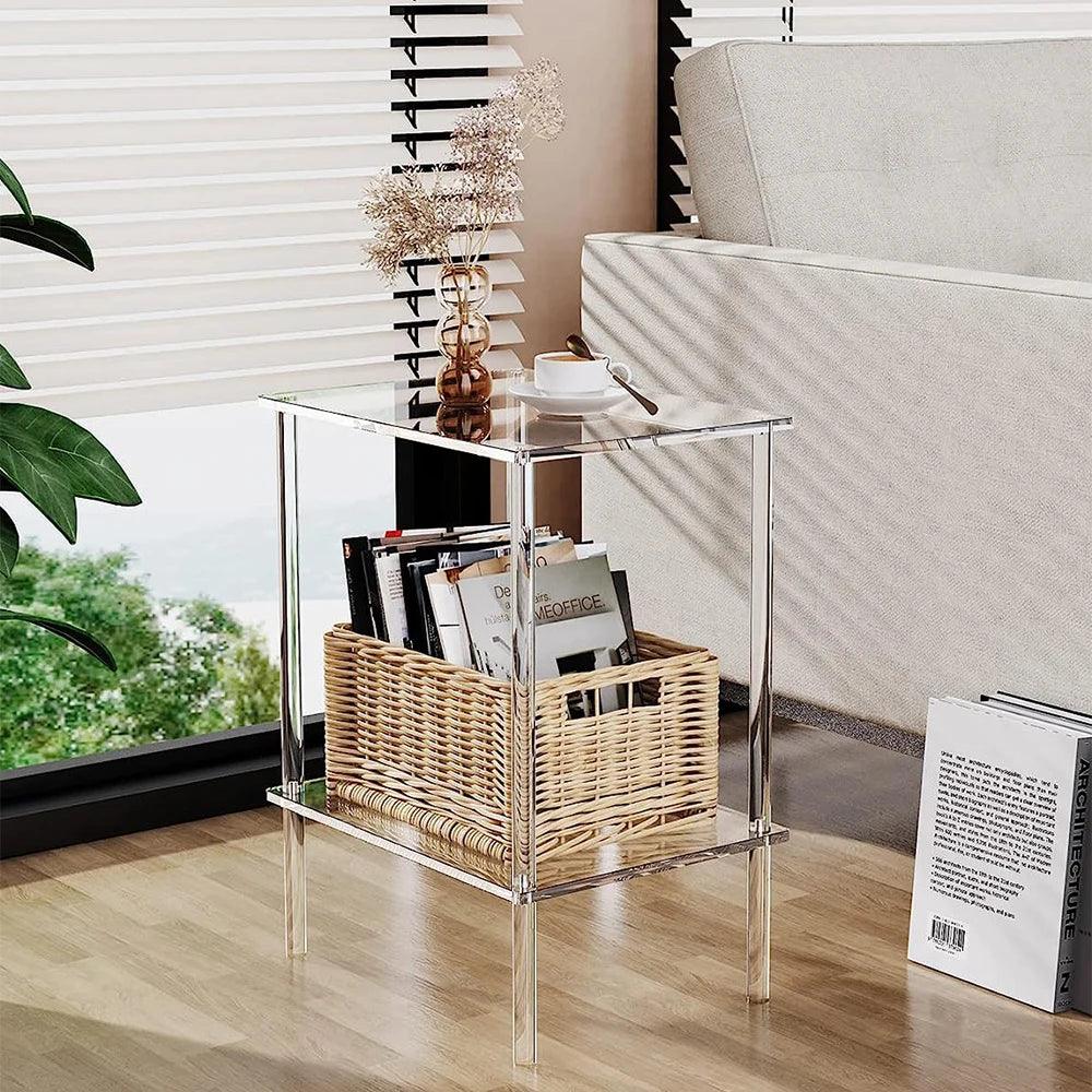Close-up detail of storage shelf on modern acrylic side table, showing organization possibilities