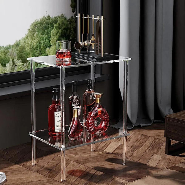 Transparent acrylic end table for living room decor, perfect beside sofa for books and plants