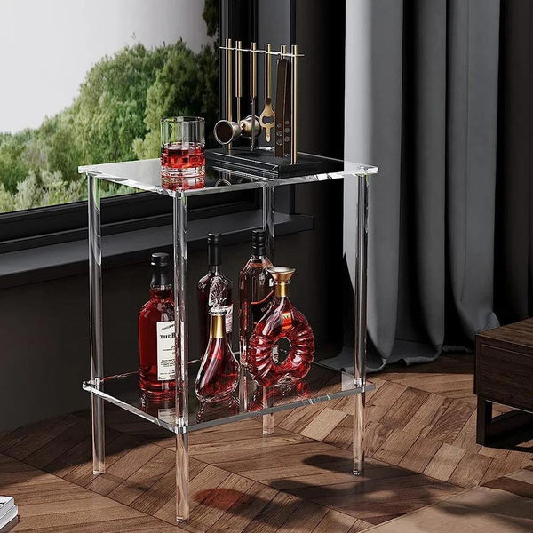 Transparent acrylic end table for living room decor, perfect beside sofa for books and plants