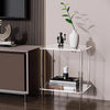 Compact clear acrylic side table fitting in a small apartment corner for storage and display
