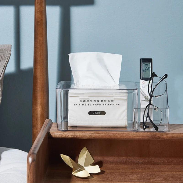 Transparent acrylic tissue box on living room coffee table