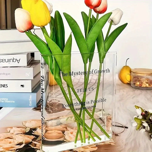 Acrylic book vase with fresh flowers arrangement for home aesthetic decor