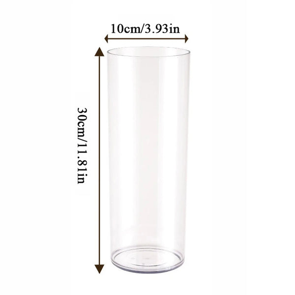 Multi-angle views of clear acrylic cylinder vase showing crystal clarity