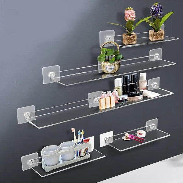 Clear acrylic U-shaped wall mounted floating shelf – front view