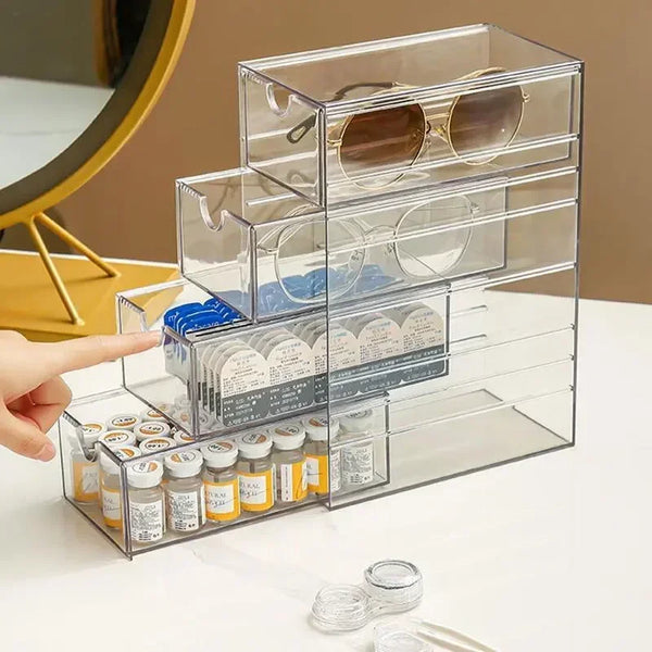4-tier acrylic sunglasses organizer with clear stackable drawers for eyewear storage