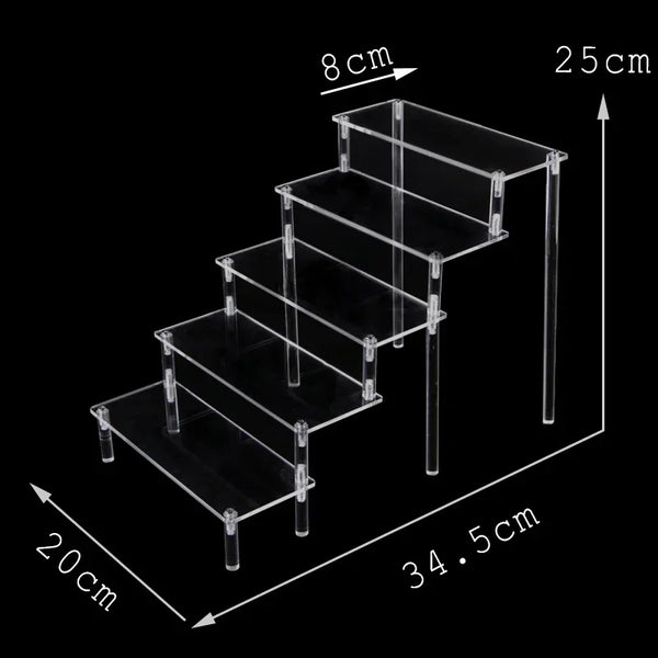 Acrylic tiered display stand size comparison showing all available dimensions