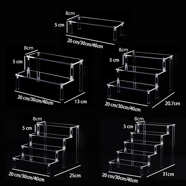 Clear acrylic tiered display stand front view showing 3-tier stepped design