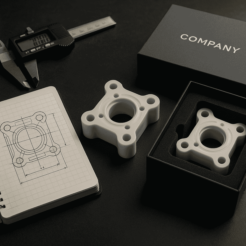 A visual representation of the Beeplastic CNC machining process, showing a CAD design on a tablet, a raw plastic block, and a final, high-precision machined component being measured.