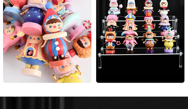 Clear acrylic display organizer holding Funko Pop vinyl figures