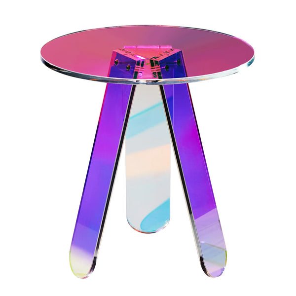 Custom CNC machined iridescent acrylic side table with rainbow light refraction effect by BeePlastic