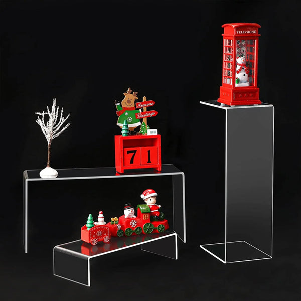 Multi-tier clear acrylic display stand with 5 levels for retail product showcase