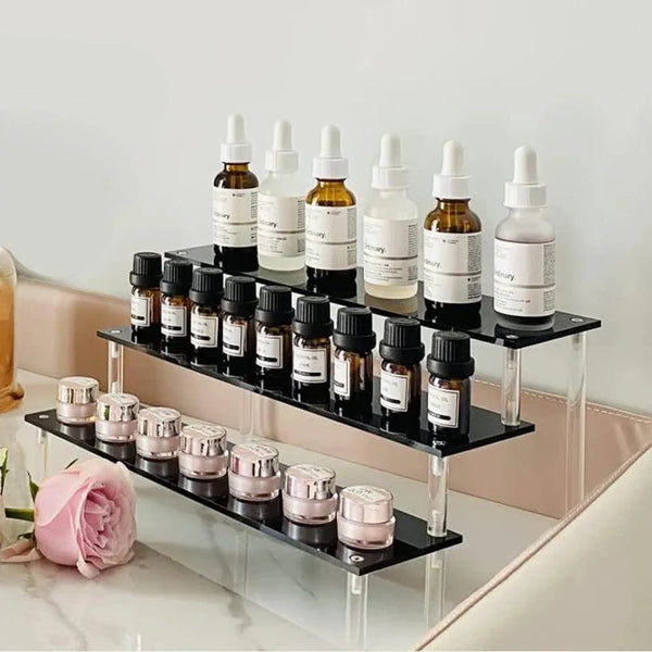 Black acrylic makeup organizer stand with 2 tiers