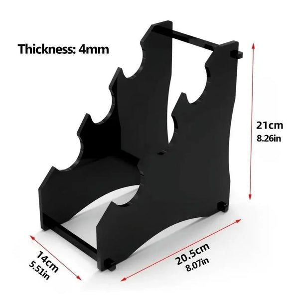 Black and transparent acrylic lightsaber stands side by side