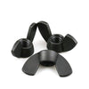 Close-up view of black and white nylon wing nuts in multiple sizes and quantity packs