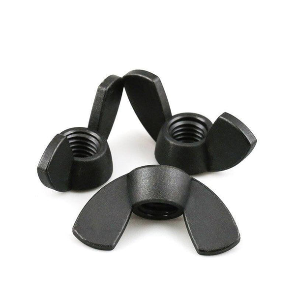 Close-up view of black and white nylon wing nuts in multiple sizes and quantity packs