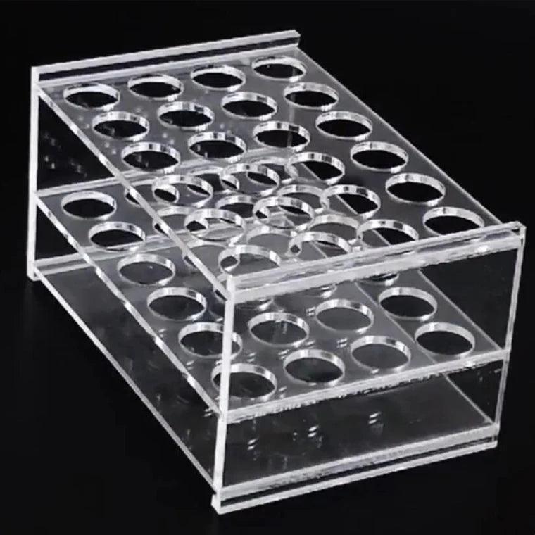 Lab centrifuge tube organizer in use with labeled vials
