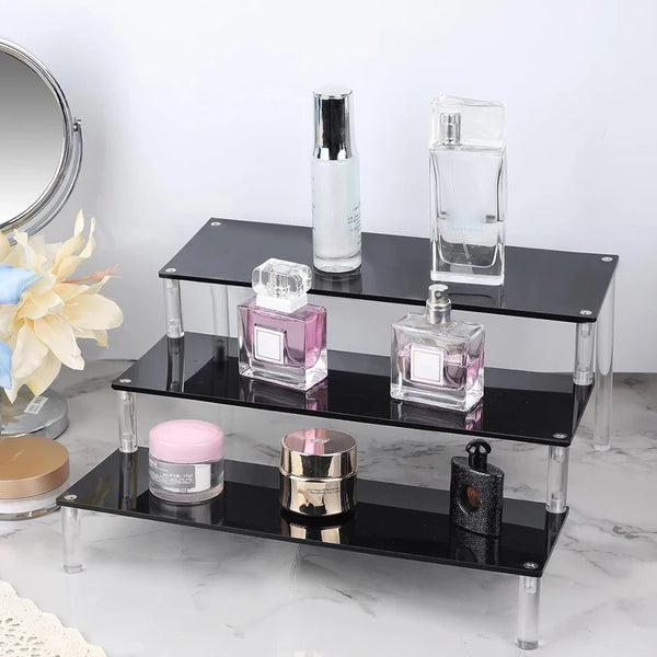 Clear acrylic 3 tier perfume organizer display stand front view