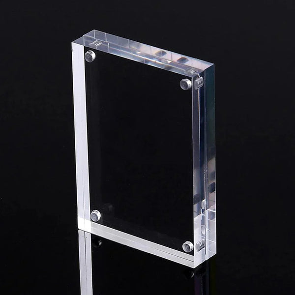 Angled view of frameless magnetic acrylic photo frame