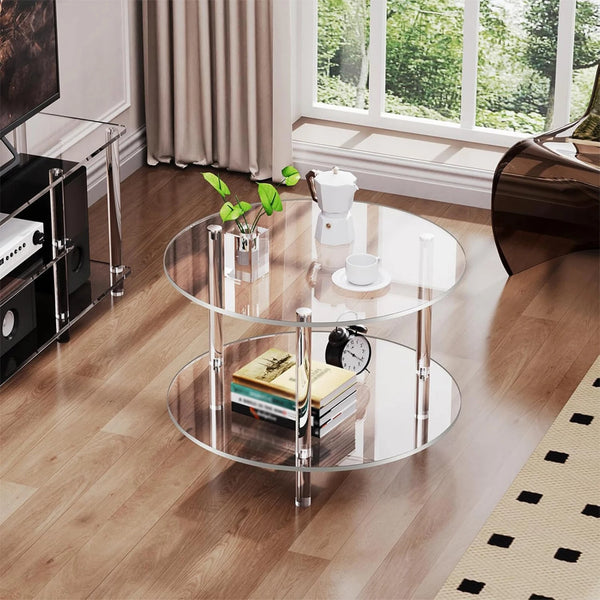 Clear acrylic 2-tier side table with round top, modern transparent design for living room and bedroom