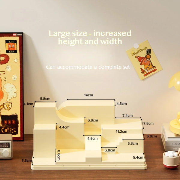 Creamy beige tinted acrylic display case for collectibles, alternative color option with same 3-tier stepped design