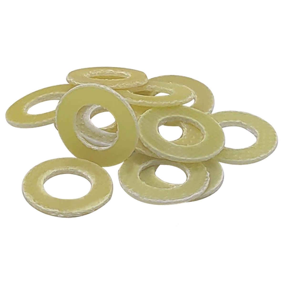 Packaged yellow Bakelite washers – available in multiple standard sizes