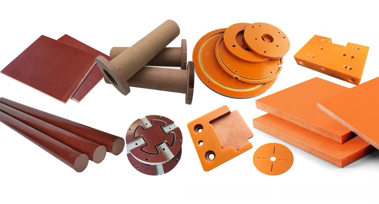 An assortment of custom-machined phenolic laminate parts by Beeplastic, showcasing orange Bakelite for electrical insulation and black Garolite (phenolic cloth) for mechanical strength.