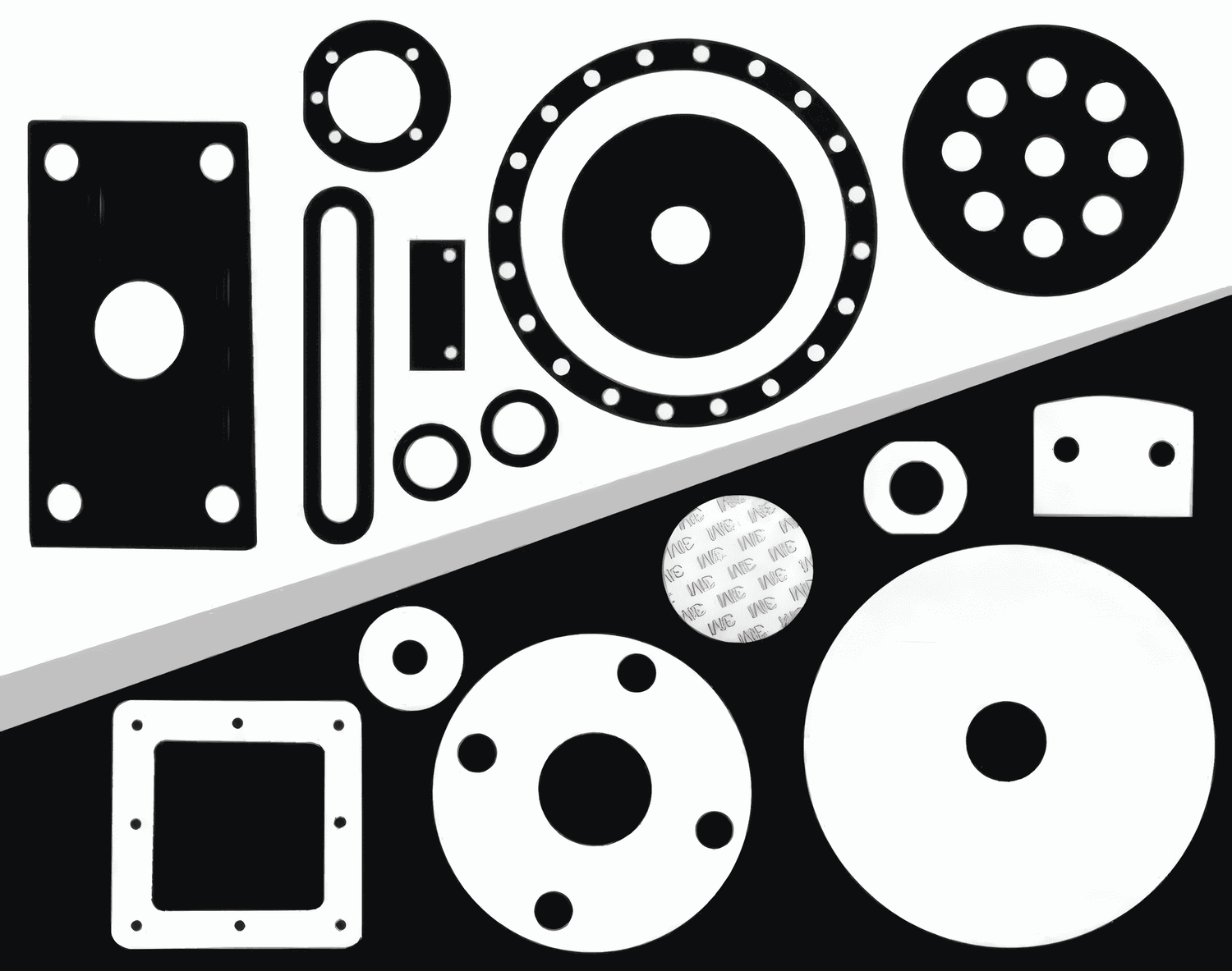 A selection of custom rubber and silicone parts including a black Neoprene sheet, a translucent silicone roll, and precision-cut gaskets, representing Beeplastic's flexible material solutions.