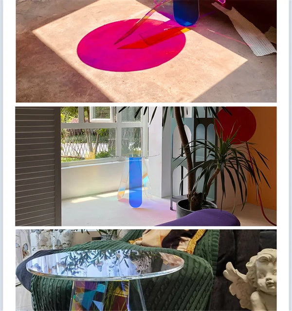 Dichroic coating application creating iridescent rainbow effect detail