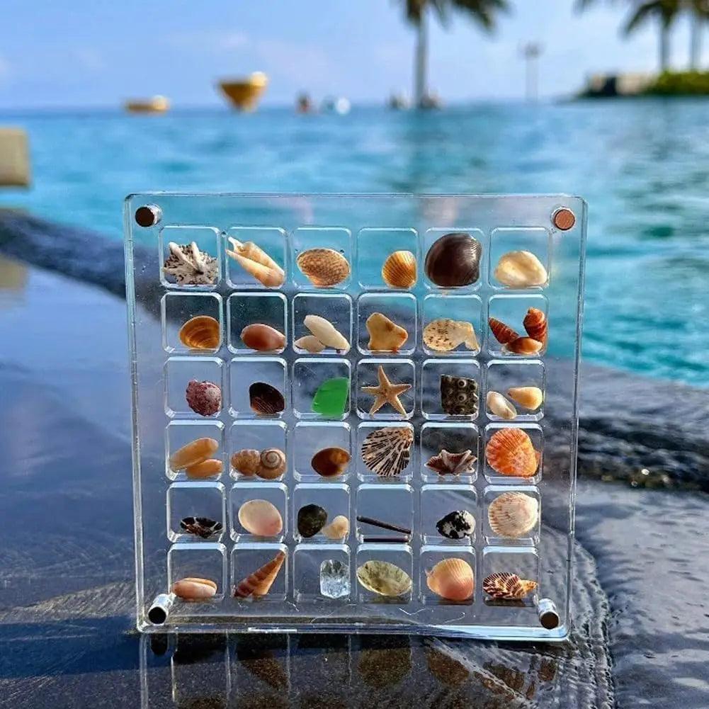 Top-down view of empty 36-slot acrylic display case with secure compartments
