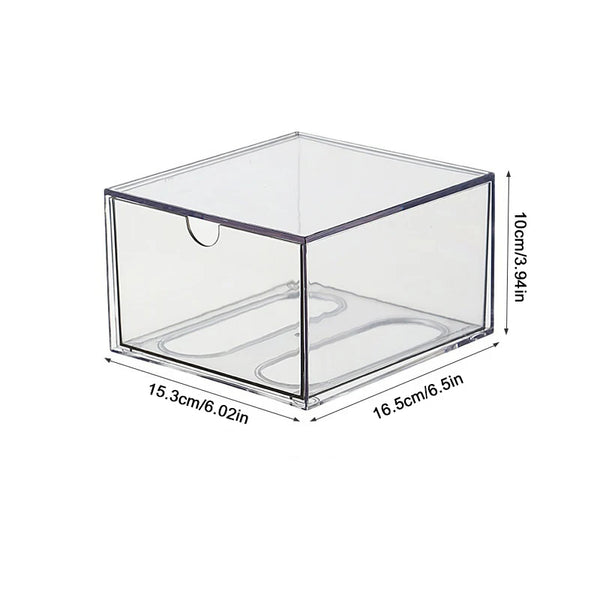 Complete eyewear collection organized in labeled acrylic storage system