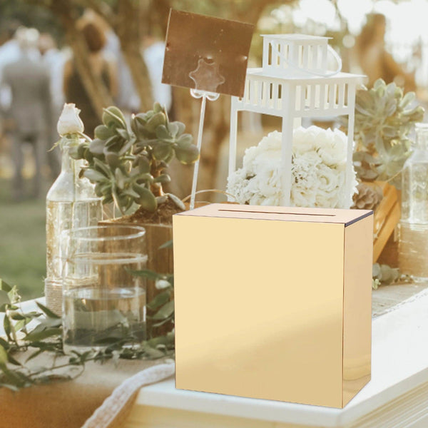 Custom gold mirror acrylic wedding card box with engraved names