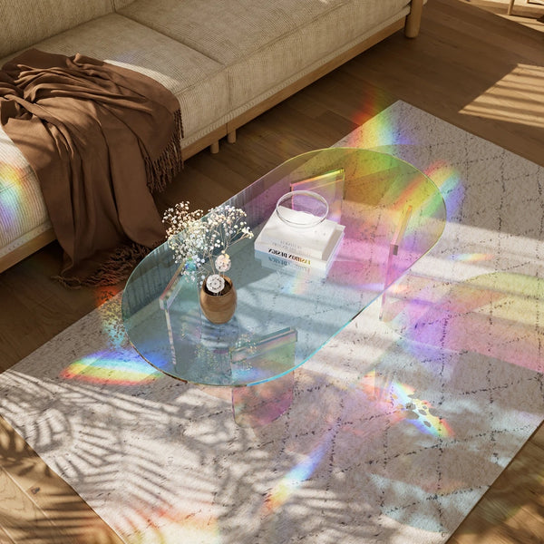 Iridescent acrylic coffee table 37 inch oval with rainbow light effect on white background