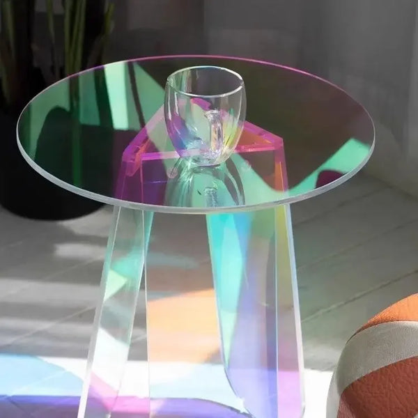 Iridescent acrylic round side table with rainbow effect front view
